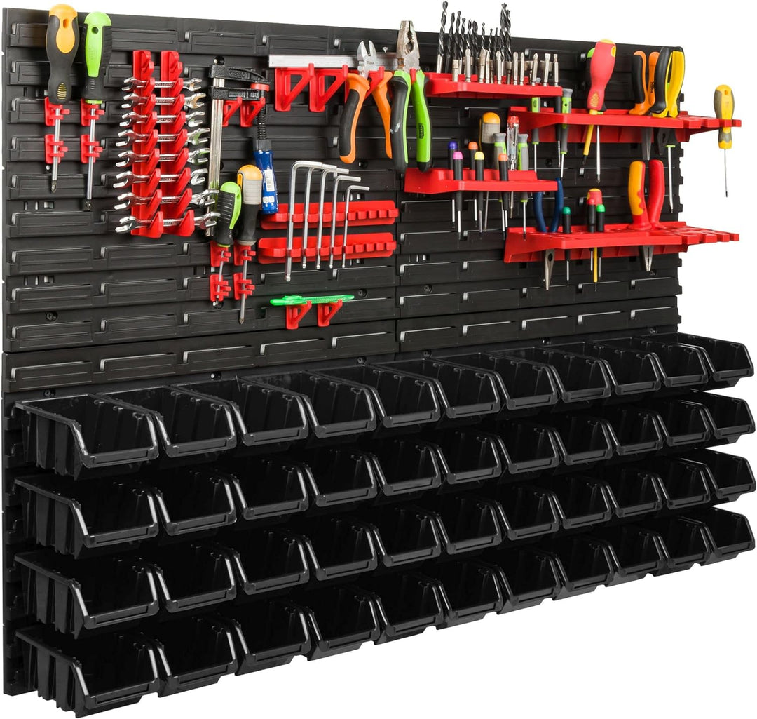 Lagersystem Werkstattregal | 115 x 78 cm | 44 stck. Box | Wandregal mit Werkzeughalterungen und Stap