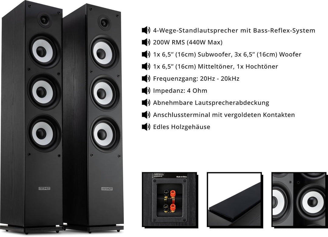 Bennett & Ross Ultrasphere 3-Wege HiFi Standlautsprecher Paar - 200W RMS - 2 x 6,5" Tieftöner - 6,5"