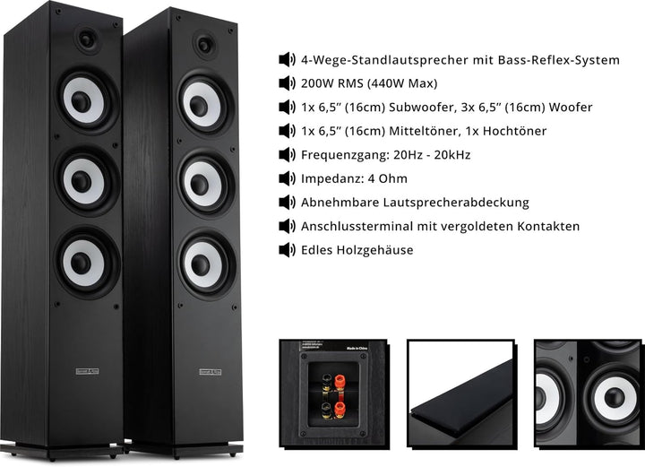 Bennett & Ross Ultrasphere 3-Wege HiFi Standlautsprecher Paar - 200W RMS - 2 x 6,5" Tieftöner - 6,5"