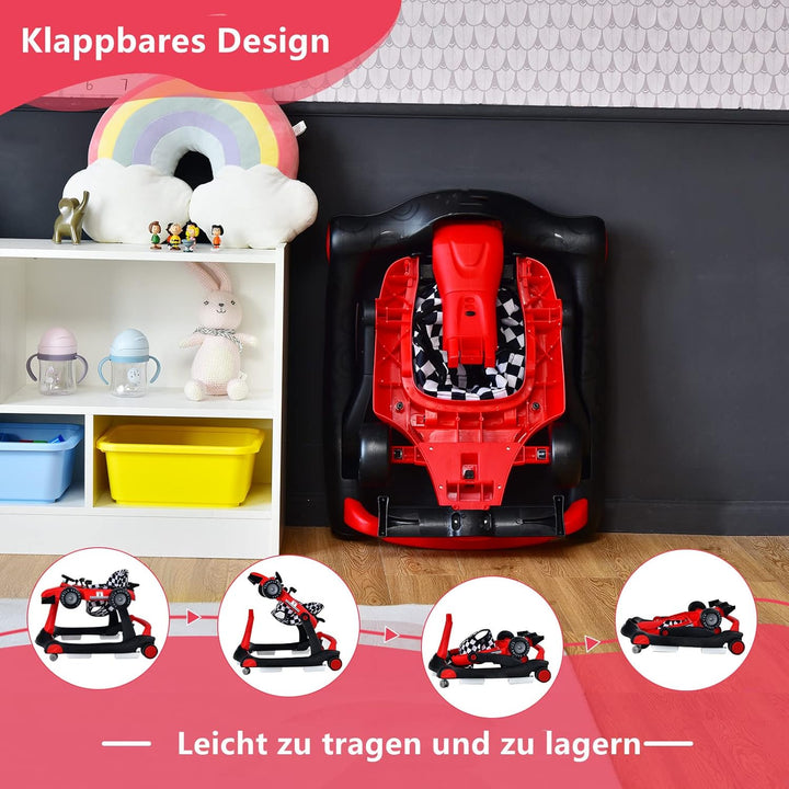 DREAMADE Lauflernhilfe, 4 in 1 Autoförmiger Lauflernwagen mit einstellbarer Geschwindigkeit, Musik &