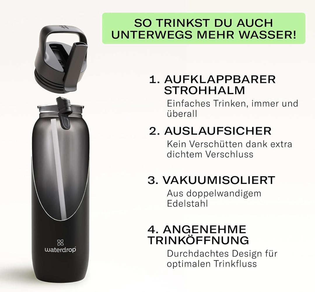 waterdrop® All Purpose Thermosflasche 1L – Trinkflasche mit Strohhalm – isolierte Edelstahl, 24h kal