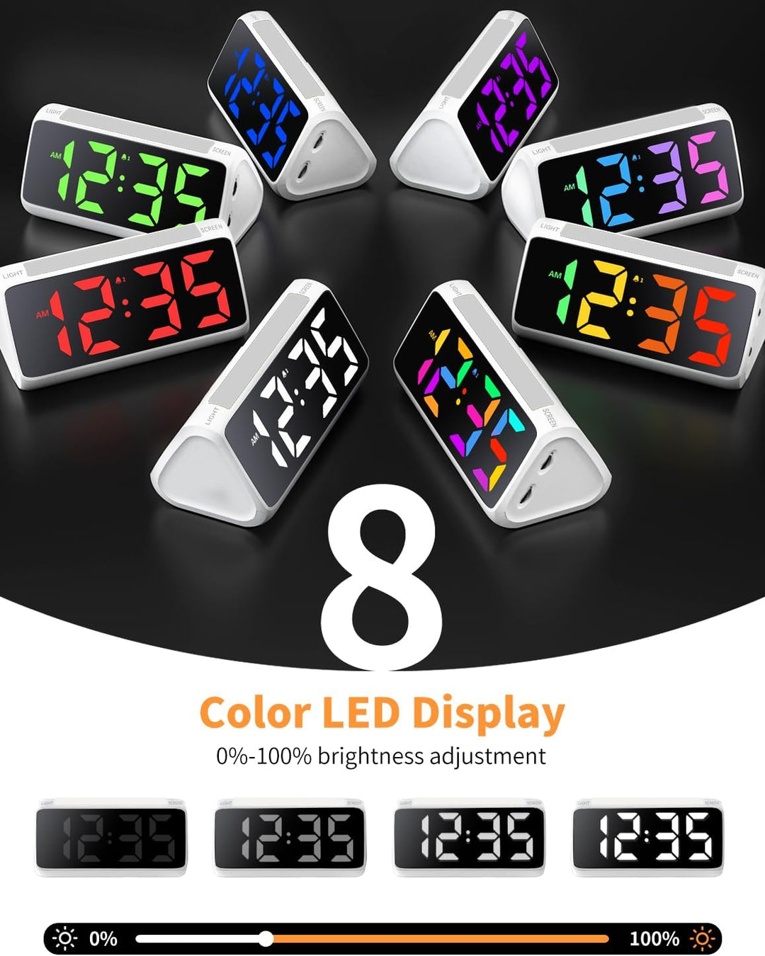 Wecker Digital, Digitaler Wecker Kinder mit Licht, Bunter LED Anzeige, 0-100% Helligkeitsdimmer, 2 A