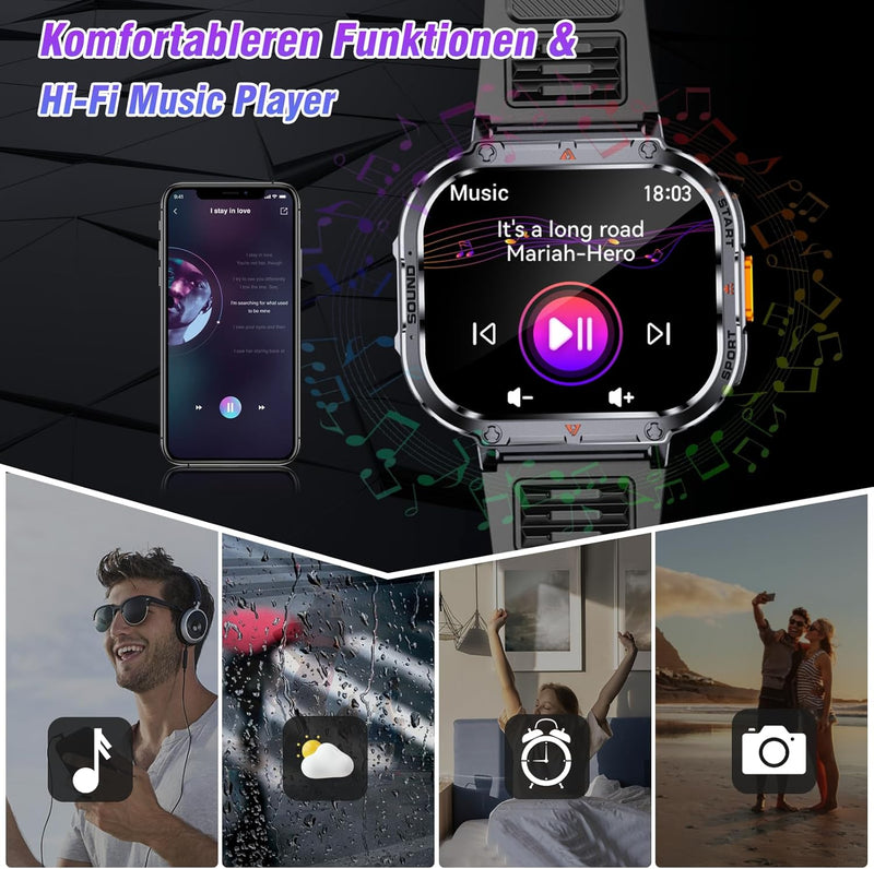 Smartwatch Herren mit Telefonfunktion, 2.0" HD Militär Uhr mit LED Taschenlampe/IP68 Wasserdicht, 10