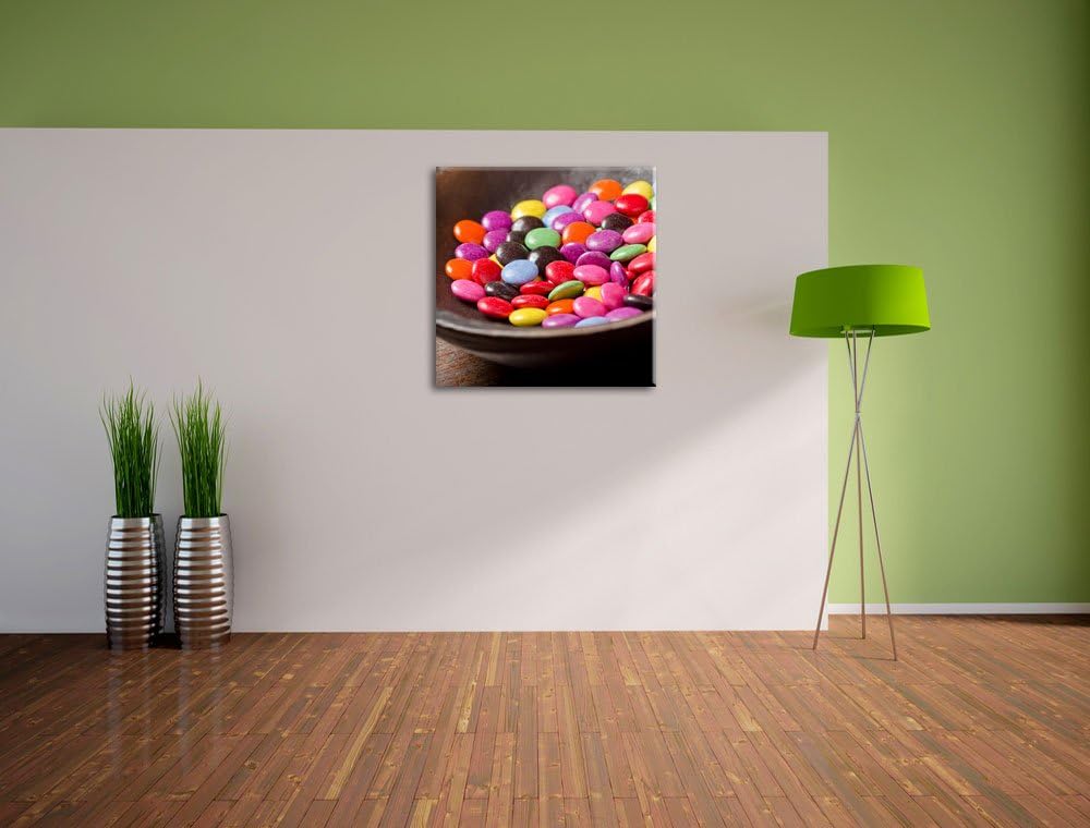 Pixxprint Bunte Schokolinsen in Schale, Format: 70x70 auf Leinwand, 70x70