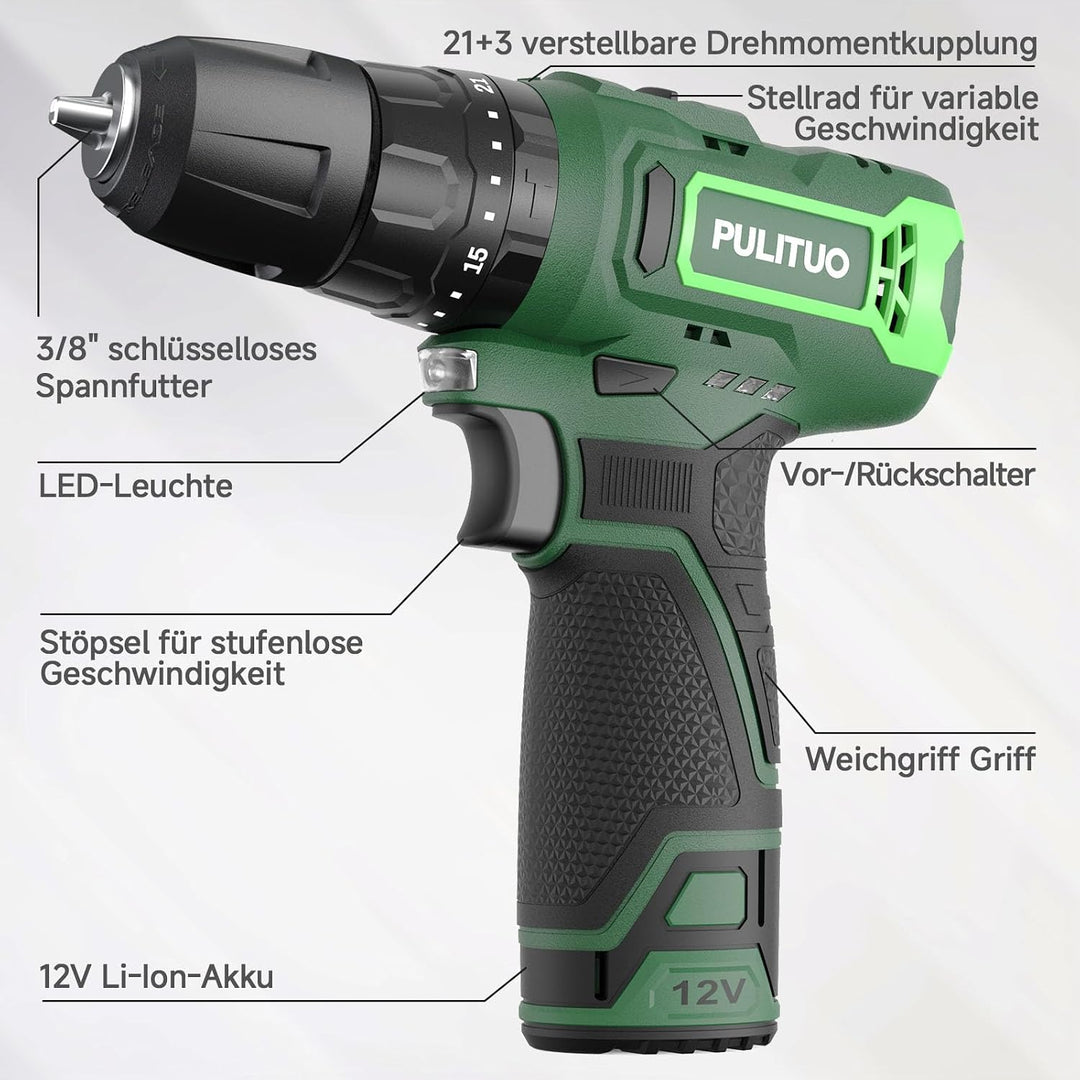 Akku-Schlagbohrmaschine 12 V, PULITUO schlagbohrschrauber set, Akkuschrauber mit 3/8" Metallfutter,