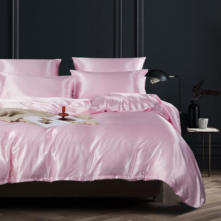 Damier Satin Bettwäsche 200 x 220 cm Rosa Glänzend Glatt 3 teilig Luxus Satin Premium Bettwäsche Set