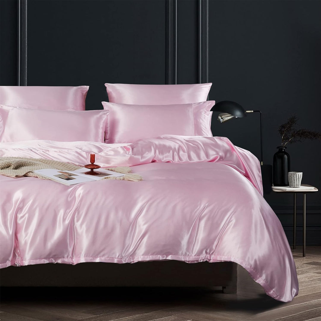 Damier Bettwäsche 135x200cm Rosa Satin Bettbezug Set Glatt Glänzend Hochwertiges Satin Deluxe Decken