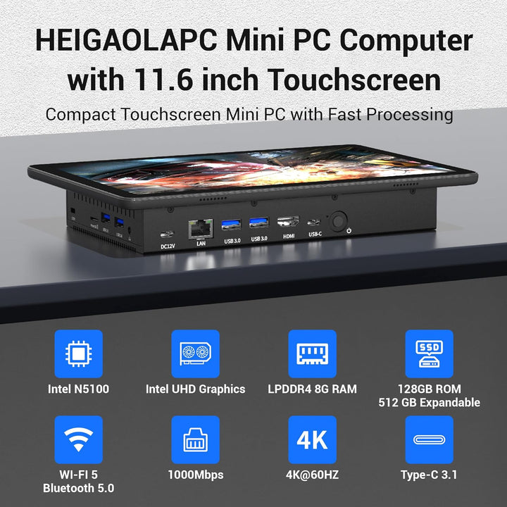 Mini Computer PC Mini Deko PC mit Touchscreen 11.6", Computer-mini Intel N5095 Win11 Pro 8GB RAM, 12