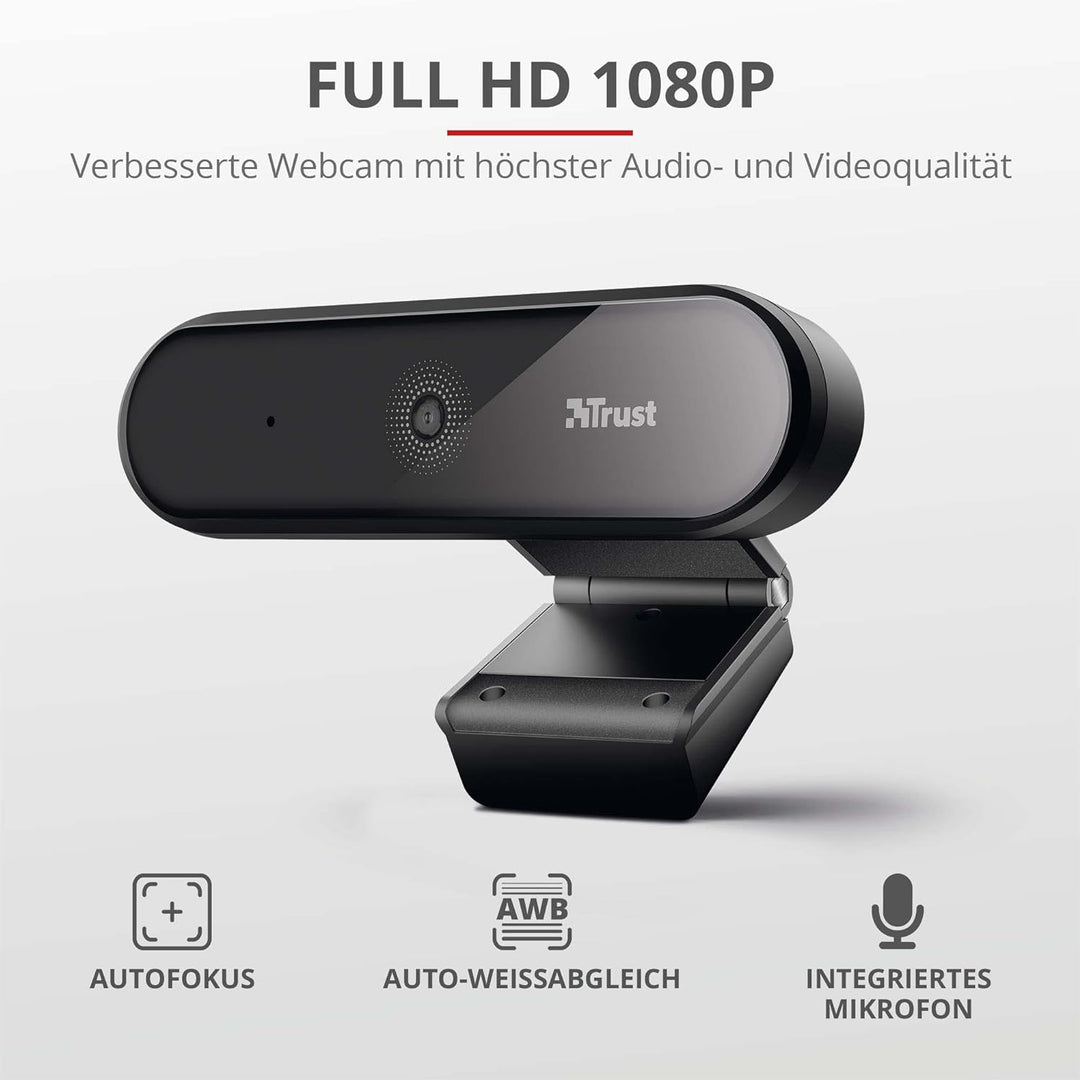 Trust Tyro Webcam Full HD 1080p mit Mikrofon für PC, Weitwinkel, Auto Fokus, USB Plug and Play, Vide