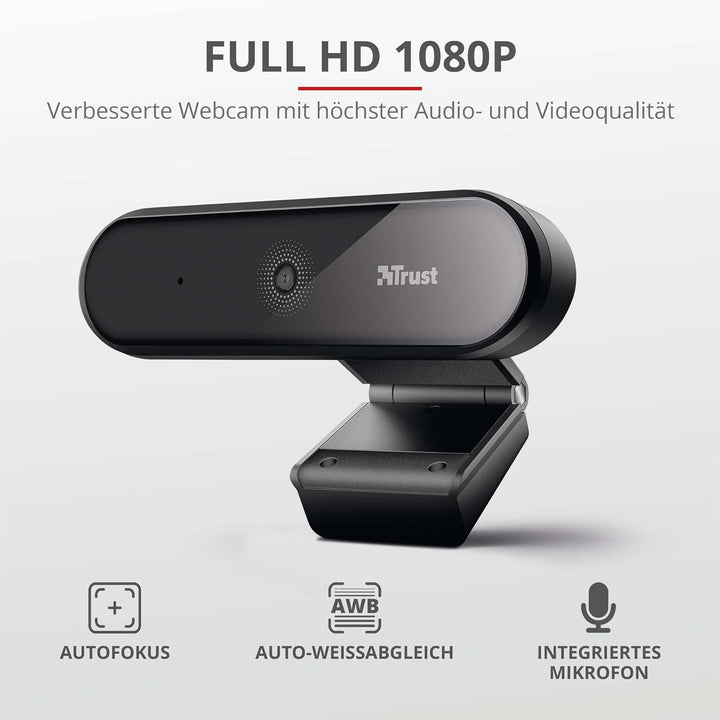 Trust Tyro Webcam Full HD 1080p mit Mikrofon für PC, Weitwinkel, Auto Fokus, USB Plug and Play, Vide
