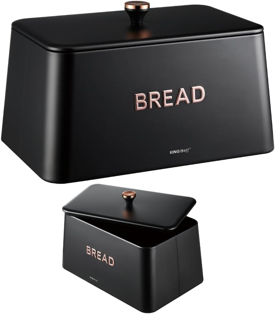 KING HOFF ELEGANTER,MODERNER BROTKASTEN AUS EDELSTAHL LEICHTE KONSTRUKTION GOLDENE AKZENTE (Schwarz)