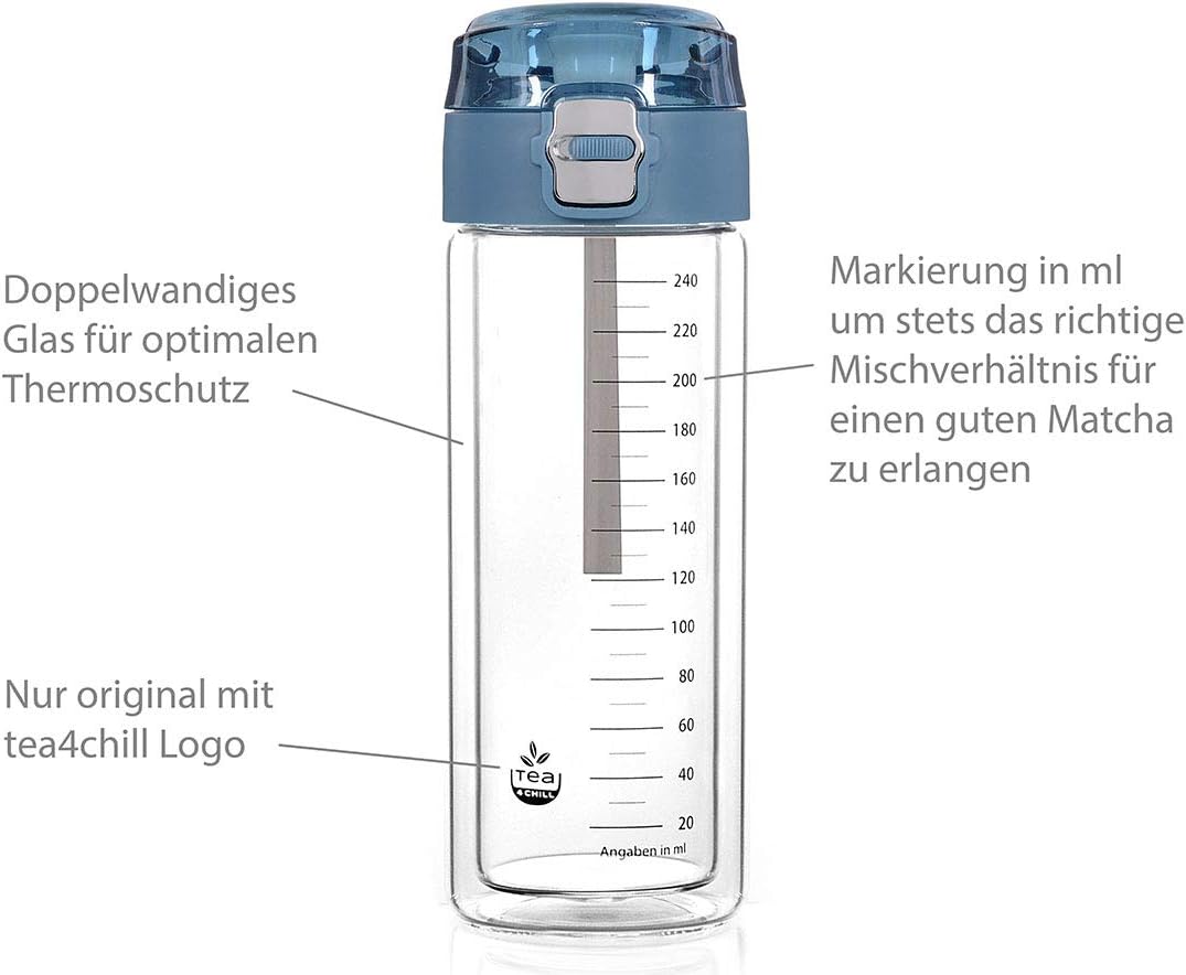 Matcha-Shaker MATCHA2go: Teeflasche to go aus Glas für die schnelle Matcha Tee Zubereitung ohne Bese