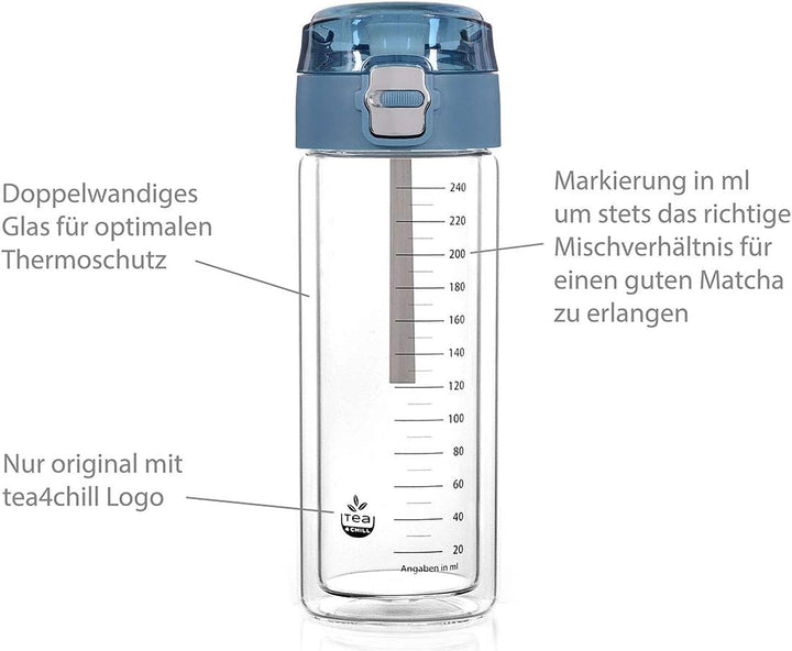 Matcha-Shaker MATCHA2go: Teeflasche to go aus Glas für die schnelle Matcha Tee Zubereitung ohne Bese