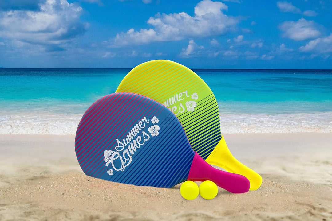 SUMMER GAMES Neopren Beach-Ball-Set, 2 Schläger (22 x 39 cm) und 2 Bälle, mit Tragenetz, für Strand