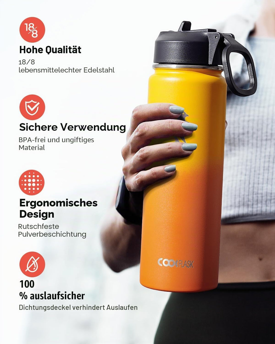 Coolflask Wasserflasche 20 oz isoliert mit Strohhalm, rostfreier Stahl Metall 3 Deckel Wasserflasche