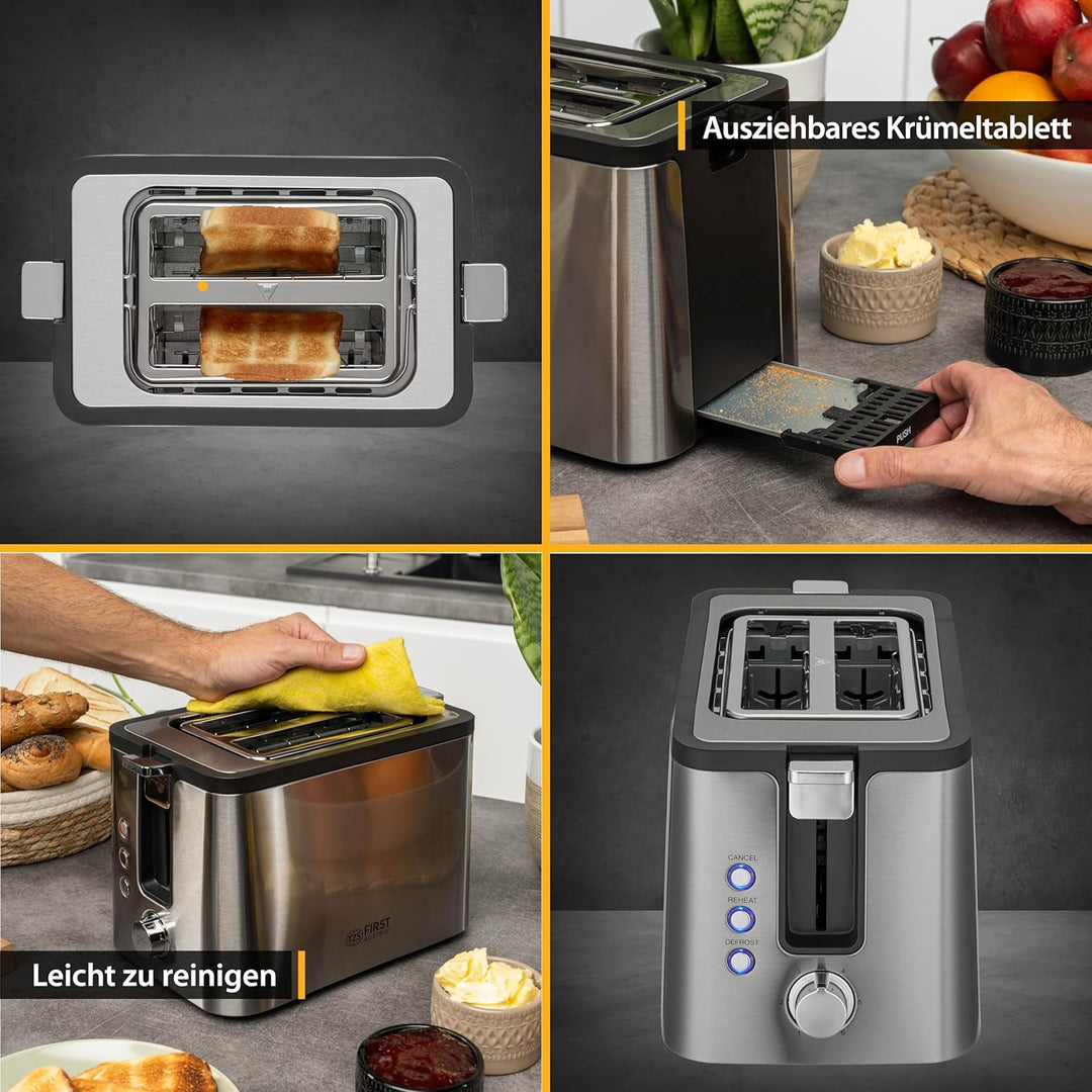 TZS First Austria Edelstahl 2-Scheiben Toaster | 6 Bräunungsstufen, Auftau- und Aufwärmfunktion | in