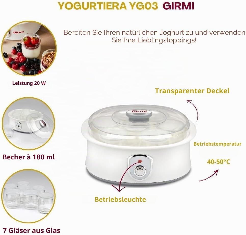 Girmi YG03 Joghurtbereiter, Betriebstemperatur 42–50°C, 7 Glasbehälter à 180ml, Transparenter Deckel