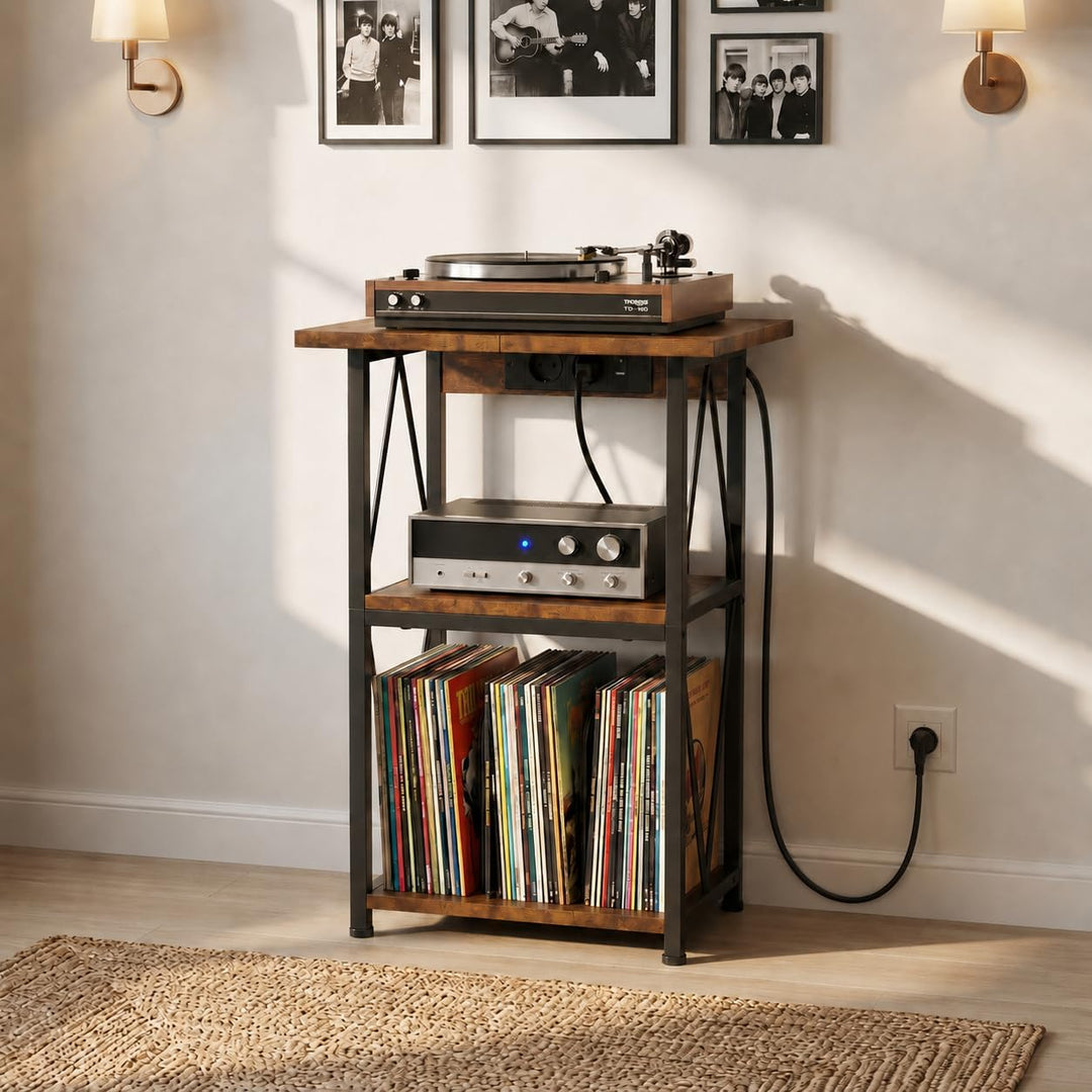 Plattenspieler Regal mit Ladestation, 50x40cm Schallplatten Regal, Braun | Stabiles Plattenspieler R