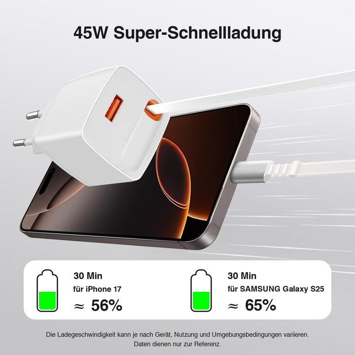 45W USB C Ladegerät mit Einziehbarem Kabel, GaN Schnellladegerät mit 2 Port, PPS Netzteil Kompatibel