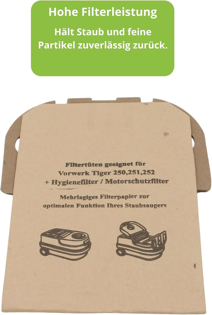 8 hochwertige Staubsaugerbeutel plus Filter passend für Vorwerk Tiger 250 251 252 - Inlusive Motorsc