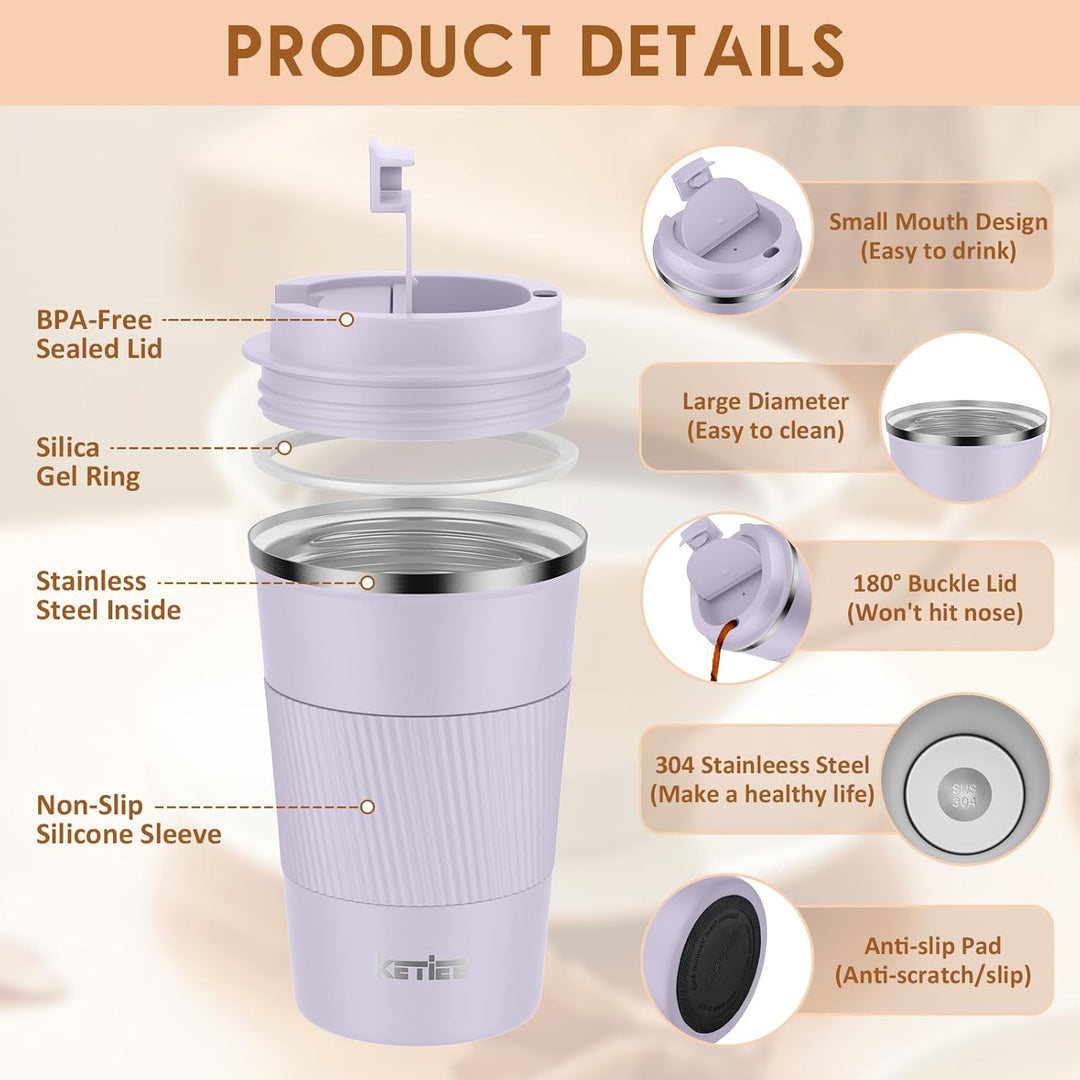KETIEE Kaffeebecher to go,380ml Thermobecher Kaffee-to-go,Kaffeebecher Thermo,Doppelwandig Reisebech