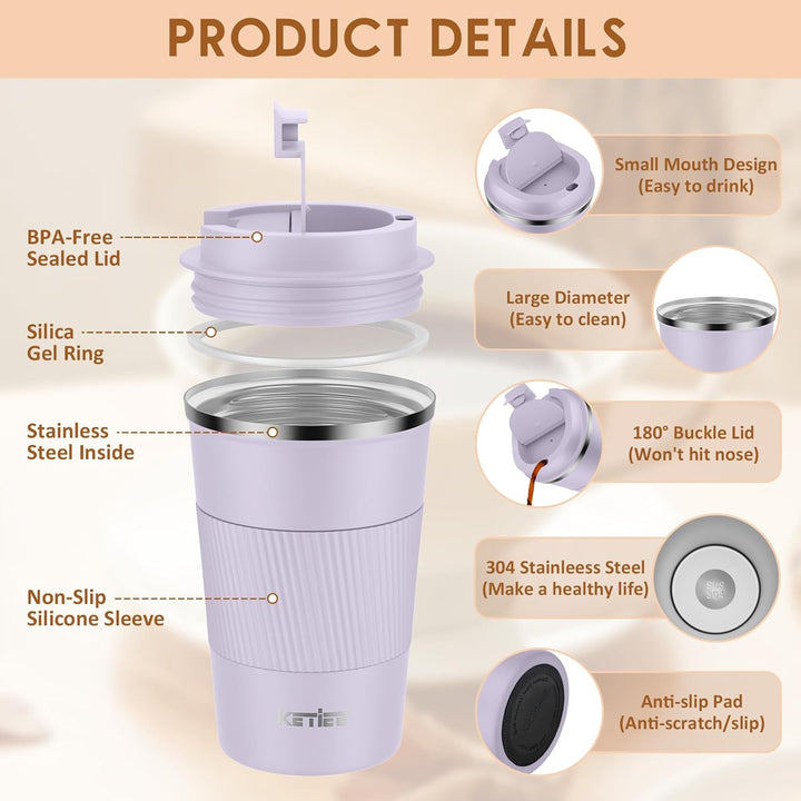 KETIEE Kaffeebecher to go,380ml Thermobecher Kaffee-to-go,Kaffeebecher Thermo,Doppelwandig Reisebech