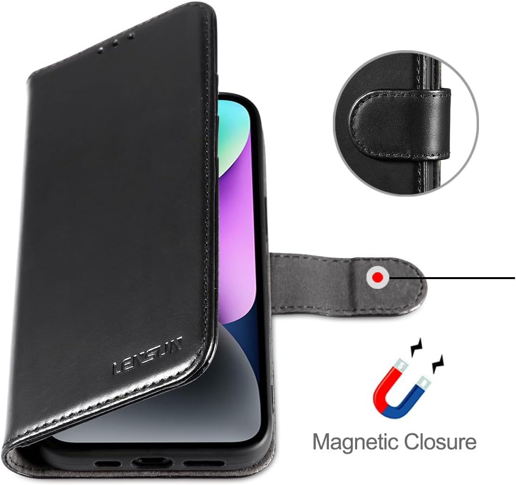 LENSUN Echtleder Hülle für iPhone 14, Bookstyle Handytasche - Glatt Schwarz | Handyhülle Echtes Lede
