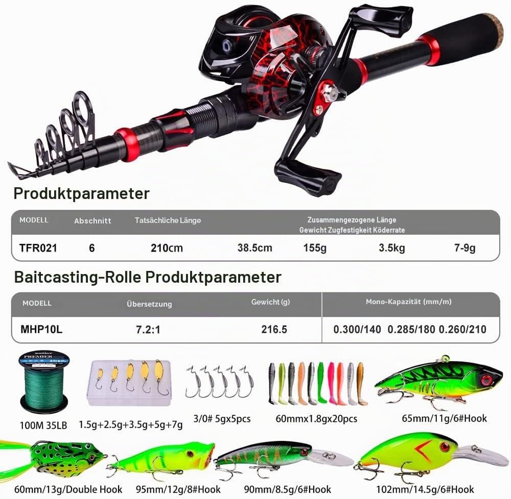 Angelrute und Rolle Combo, 2,1 m Kohlefaser Teleskop Angelrute mit Spinning/Baitcasting Reel Combos,