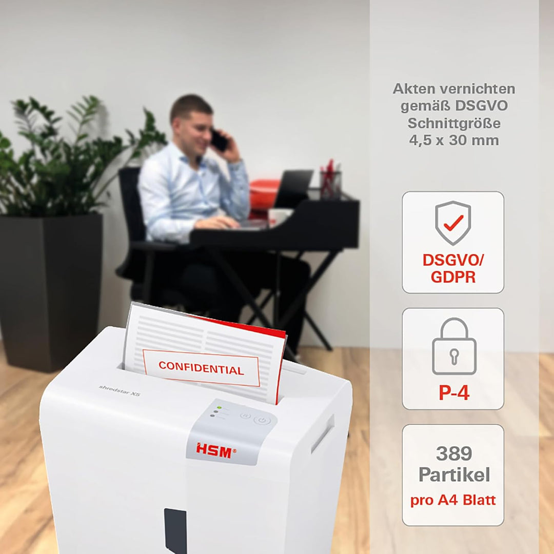 HSM shredstar X5 Aktenvernichter, Sicherheitsstufe P-4, 5 Blatt (Partikelschnitt) mit CD-Schredder w