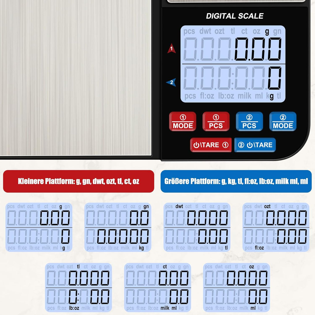 Diyife Küchenwaage mit 2 Plattformen 10kg/1g & 500g/0.01g, Doppelfunktion Digitale Küchen Feinwaage