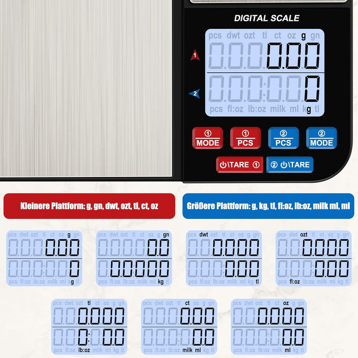 Diyife Küchenwaage mit 2 Plattformen 10kg/1g & 500g/0.01g, Doppelfunktion Digitale Küchen Feinwaage