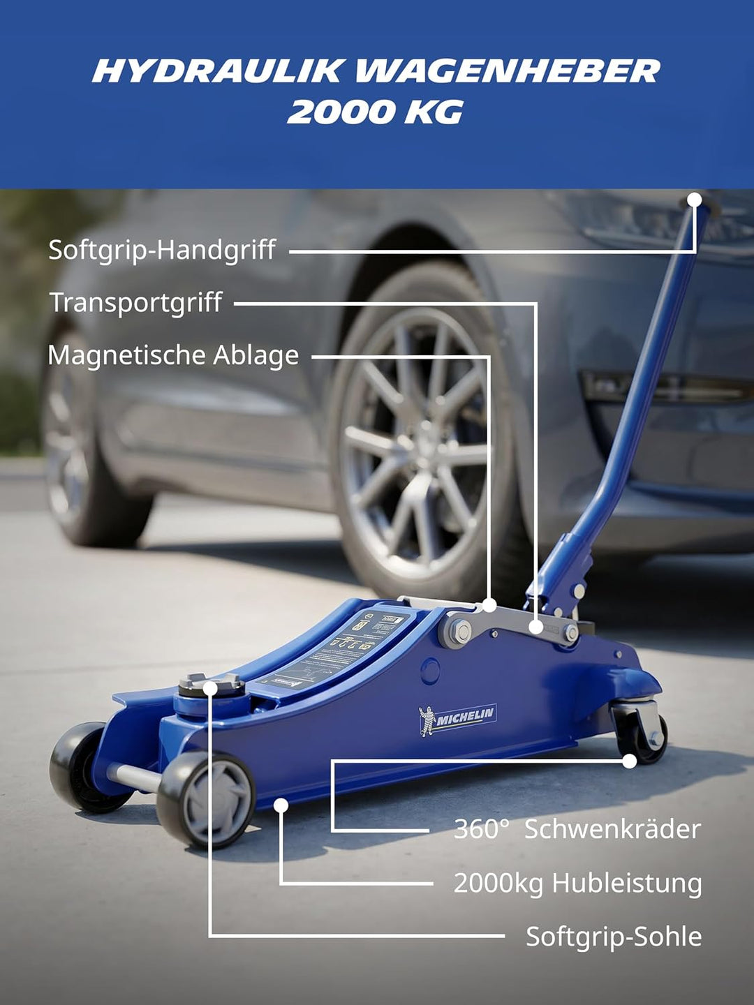 MICHELIN Hydraulischer Rangierwagenheber 1800kg, Kfz Wagenheber mit Tragegriff