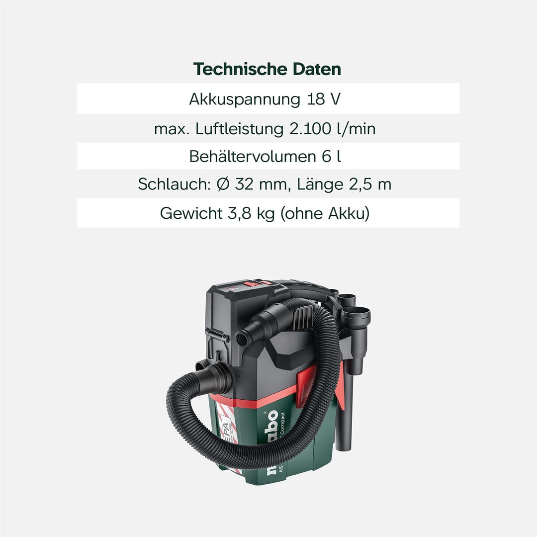 Metabo AS 18 HEPA PC Compact Akku-Sauger 18V - Karton- mit manueller Filterreinigung und HEPA Filter