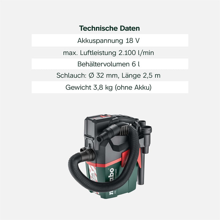 Metabo AS 18 HEPA PC Compact Akku-Sauger 18V - Karton- mit manueller Filterreinigung und HEPA Filter