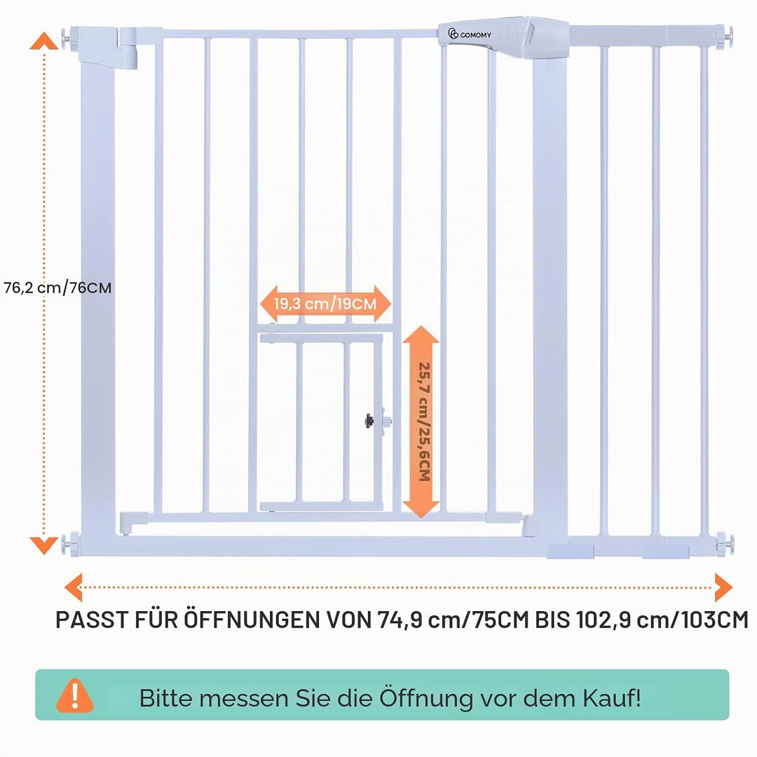 COMOMY Türschutzgitter mit Katzenklappe, 75-103cm Treppenschutzgitter ohne Bohren für Hunde und Katz