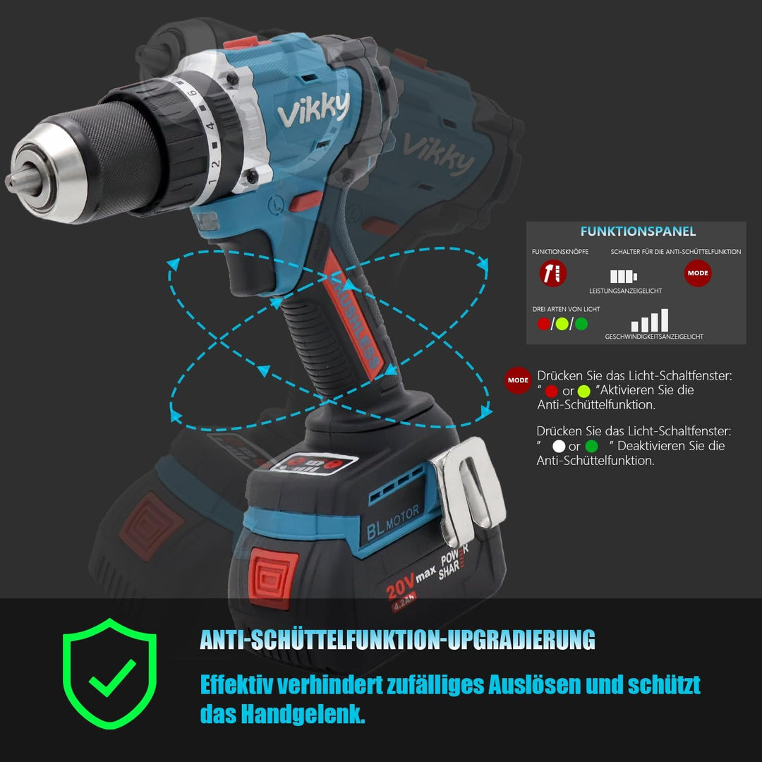 vikky Professional Akku-Schlagbohrschrauber BLSG100 (20V, Brushless, 100Nm, Schlagbohrfunktion, 2 Ga