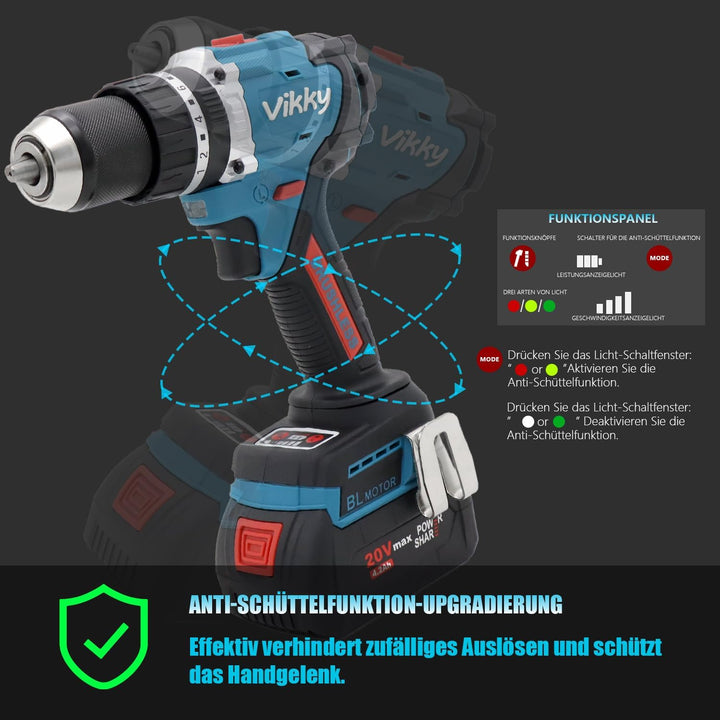 vikky Professional Akku-Schlagbohrschrauber BLSG100 (20V, Brushless, 100Nm, Schlagbohrfunktion, 2 Ga