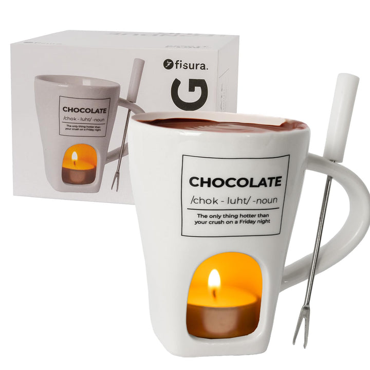 Fisura - Fondue Tasse für Schokolade und Käse, weisse Keramiktasse 140 ml mit Gabel, originelle Gesc