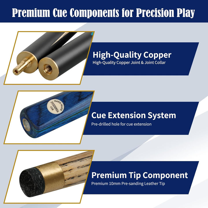 57 inch Premium Ash Wood Snooker Cue with Extension,18 oz weight, 10mm Leather Tip, 3/4 Design, Comp