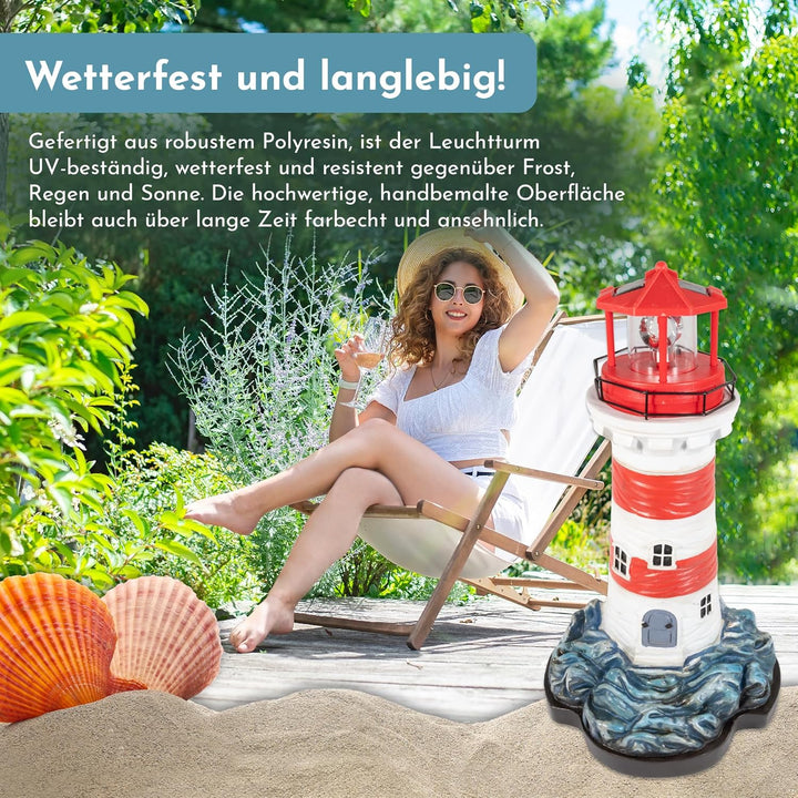 NATIV LEMODO Gartendeko Blauer Leuchtturm mit rotierendem Leuchtfeuer | Handbemalte Gartenfigur mit