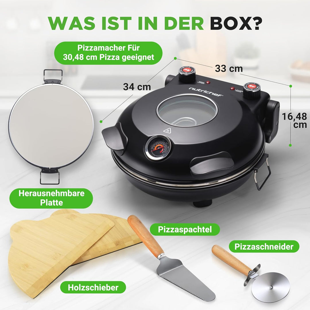 NutriChef Pizzaofen Elektrisch mit 30cm Stein, Pizza Maker bis 426°C, 1200W mit Sichtfenster, Ober-/