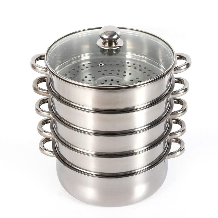 Dampfgarer mit 5 Ebenen aus Edelstahl, 26/28/30cm Kochtopf aus Edelstahl mit Glasdeckel und zwei Dam