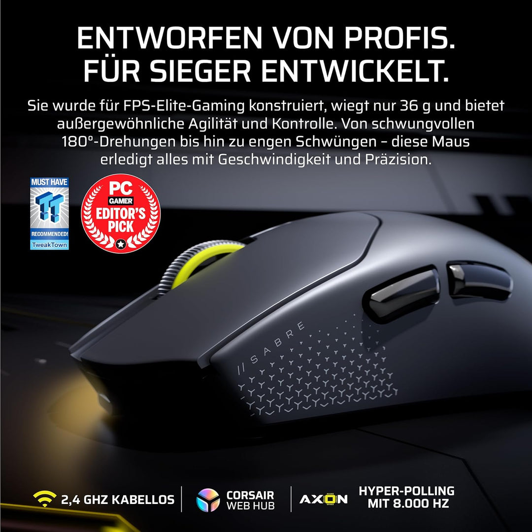 Corsair Sabre v2 PRO Ultralight Wireless FPS Gaming-Maus – 33K DPI, 36g Gewicht, 8,000Hz Hyper-Polli