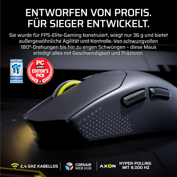 Corsair Sabre v2 PRO Ultralight Wireless FPS Gaming-Maus – 33K DPI, 36g Gewicht, 8,000Hz Hyper-Polli
