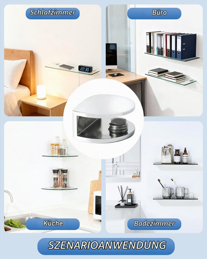 Glasregal 1 Set – 38 x 13 cm Klare Glasplatte (transparent) + 2,6 cm Klemmenhalter aus Zinklegierung