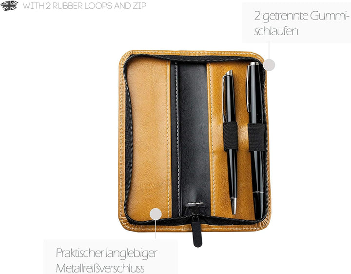 DELMON VARONE - Personalisierbares Schreibgeräteetui aus Vintage Anilin Leder braun, Echtleder Stift