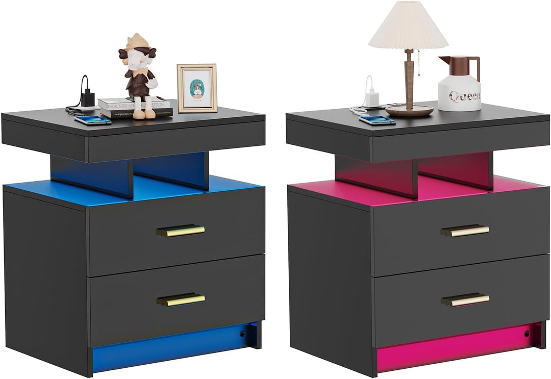 PIPIPOXER Nachttisch Schwarz 2er Set, Nachttisch mit LED, Nachtschrank mit Steckdose und Ladefunktio