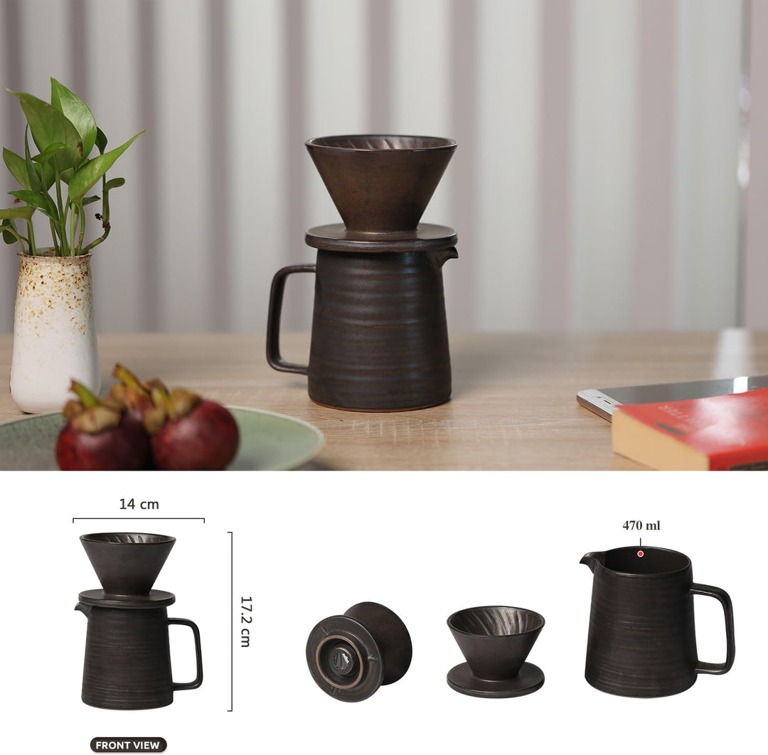 Handgefertigtes Kaffeebereiter-Set aus Steingut, Keramik-Kaffee-Brauer, Hand-Tropfer und Kaffeekanne