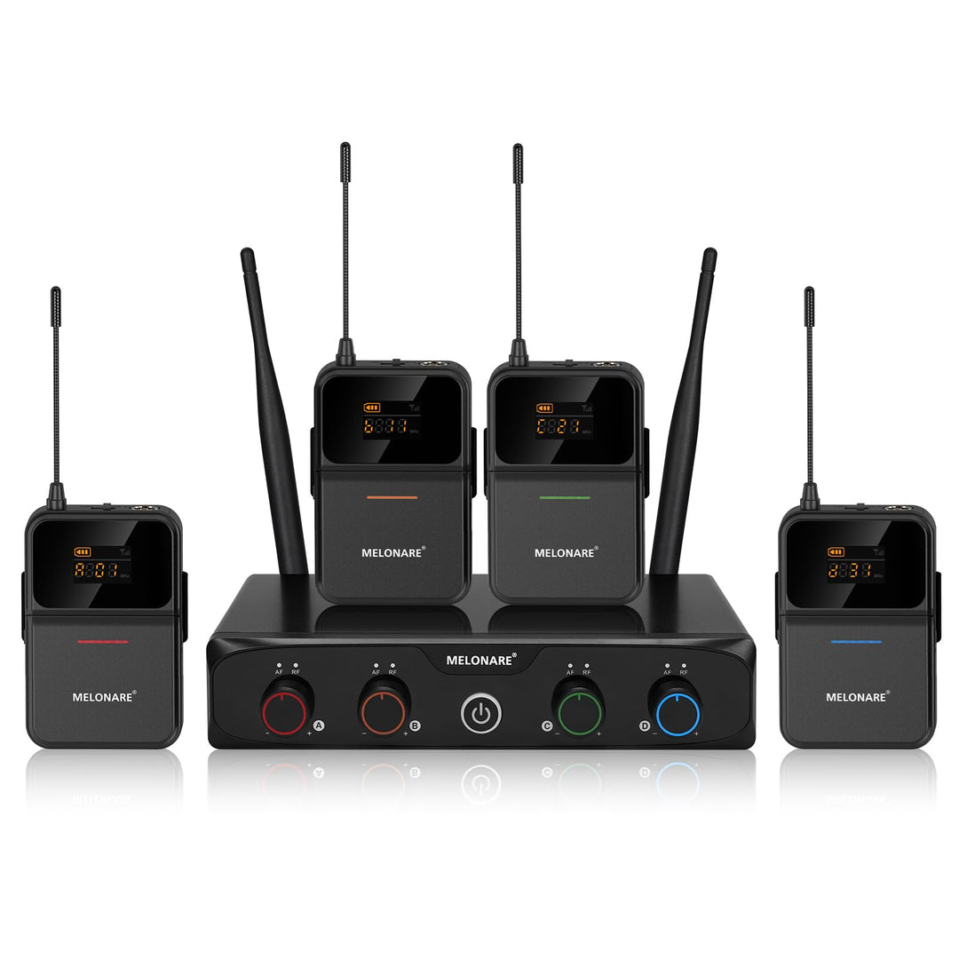 4-K-UHF-Funkmikrofonsystem mit 4x10 Frequenzen, 200 Fuss Reichweite, 4 Bodypack und Headset/lapelle-