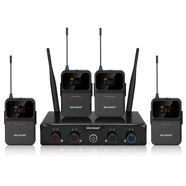 4-K-UHF-Funkmikrofonsystem mit 4x10 Frequenzen, 200 Fuss Reichweite, 4 Bodypack und Headset/lapelle-